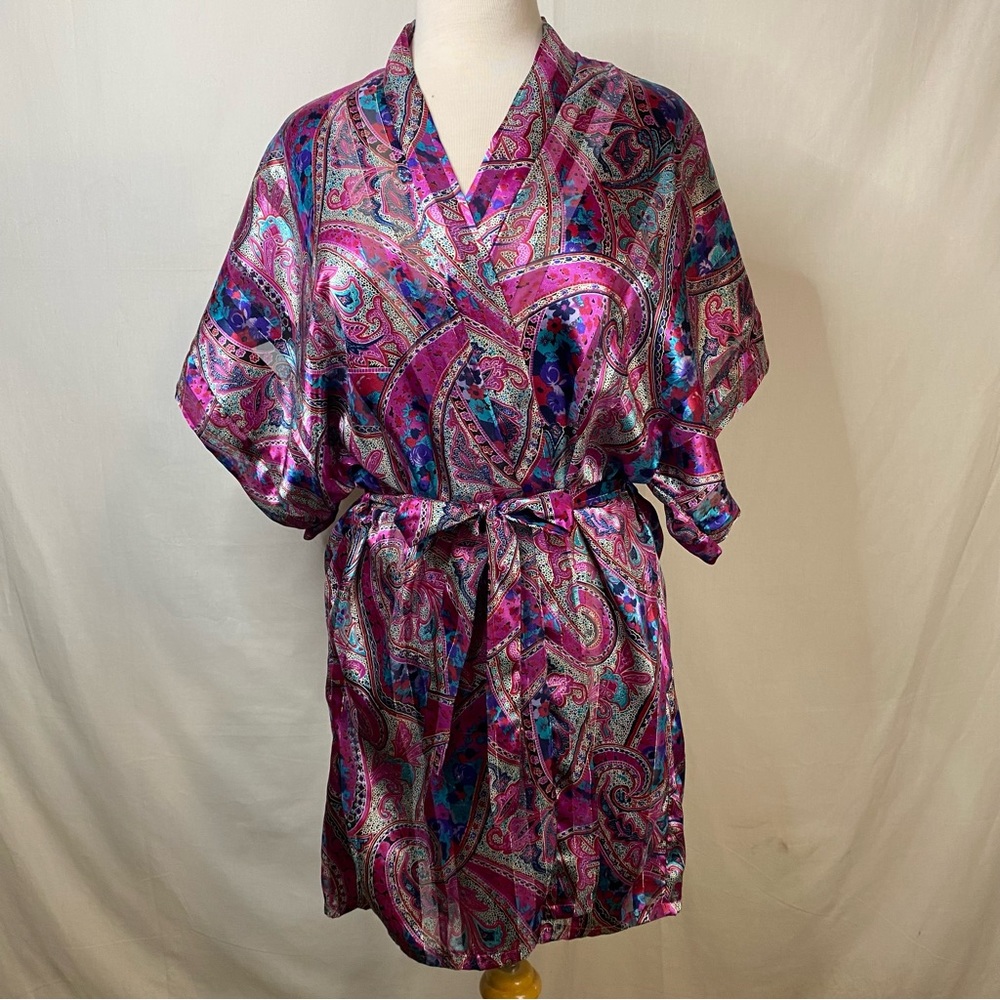 CIRCA 2000 80s 90s Vintage Purple Blue Paisley Print Satin Robe Size Small